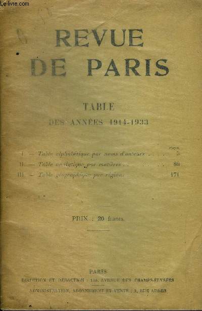 REVUE DE PARIS - TABLE DES ANNEES 1914-1933