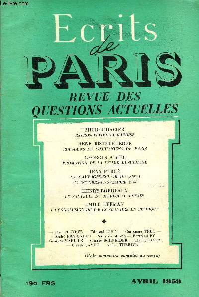 ECRITS DE PARIS - REVUE DES QUESTIONS ACTUELLES N170 - MICHEL DACIER : RETROSPECTIVE BERLINOISE, RENE RISTELHUEBER : ROUMAINS ET LITHUANIENS DE PARIS, GEORGES AIMEL :PROMOTION DE LA FEMME MUSULMANE, JEAN PERR