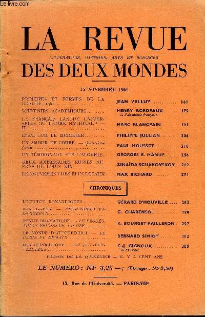 LA REVUE LITTERATURE, HISTOIRE, ARTS ET SCIENCES DES DEUX MONDES N22 - PRINCIPES ET FORMES DE LA GUERRE 1961. JEAN VALLUY .SOUVENIRS ACADMIQUES. HENRY BORDEAUX. de l'Acadmie franaise. LE FRANAIS LANGUE UNIVERSELLE OU IDIOME NATIONAL ?