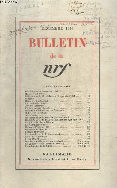BULLETIN DECEMBRE 1956 N110. PUBLICATIONS DE NOVEMBRE 1956/RELIURES DEDITEUR/ PUBLICTIONS DU 15 OCTOBRE AU 15 NOVEMBRE 1956/DIOGENE/HENRY DE MONTHERLANT/LE LIVRE ET LA SCENE/ARMAND SALACROU/ EDITIONS RELIEES ILLUSTREES.