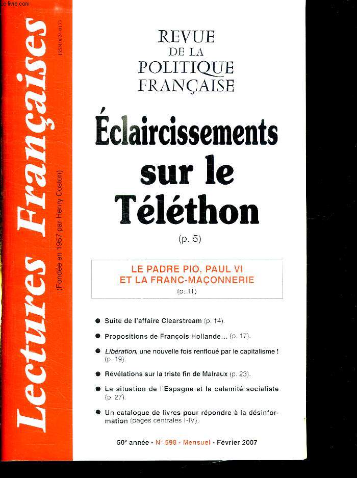 REVUE DE LA POLITIQUE FRANCAISE. 50e ANNEE N 598 FEVRIER 2007. ECLAIRCISSEMENTS SUR LE TELETHON.