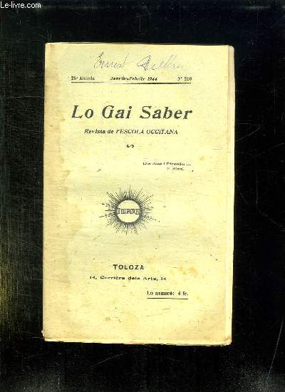 LO GAI SABER N 210 JANVIER FEBRIER 1944. REVISTA DE L ESCOLA OCCITANA.