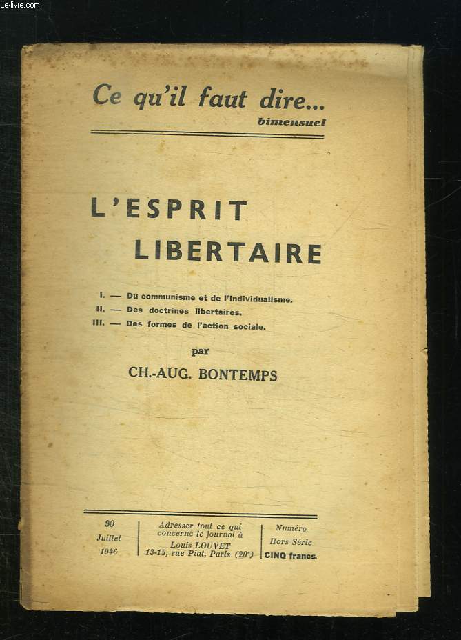 L ESPRIT LIBERTAIRE N HORS SERIE. 30 JUILLET 1946.