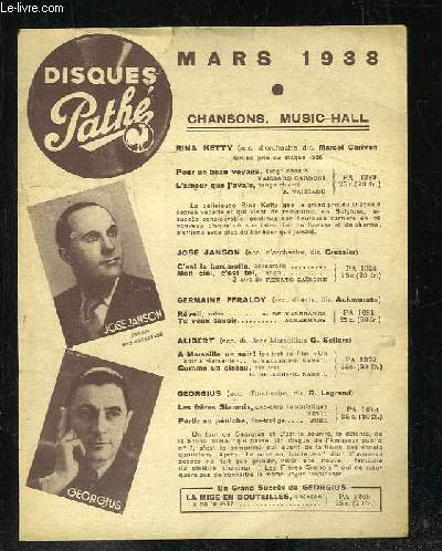 PLAQUETTE. DISQUES PATHE MARS 1938. CHANSOSN MUSIC HALL.