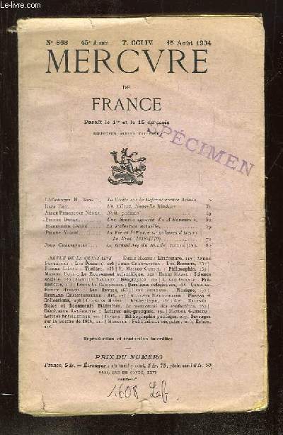 MERCURE DE FRANCE TOME CCLIV DU 15 AOUT AU 15 SEPTEMBRE 1934. SPECIMEN.