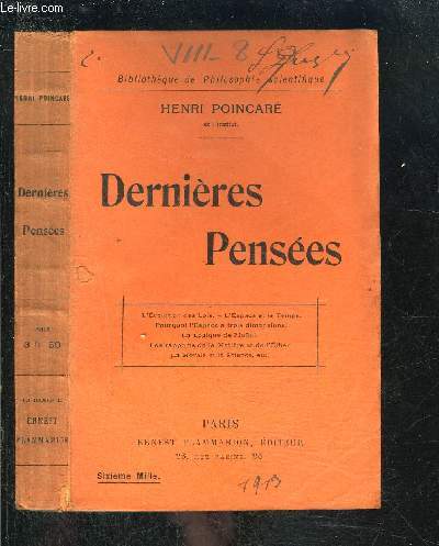 DERNIERES PENSEES- BIBLIOTHEQUE DE PHILOSOPHIE SCIENTIFIQUE