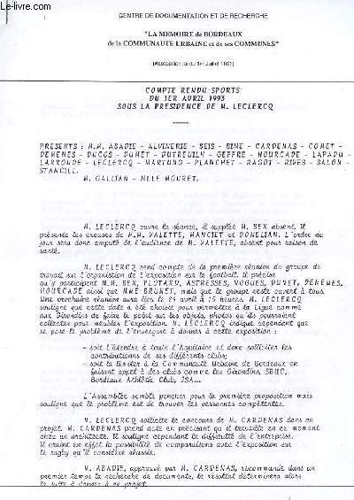 COMPTE RENDU SPORTS DU 1eR AVRIL 1993 SOUS LA PRESIDENCE DE M. LECLERCQ