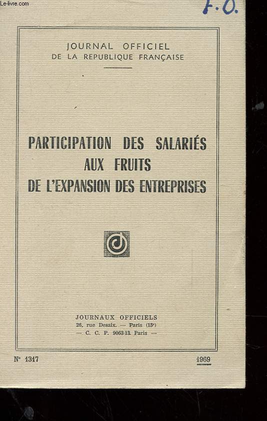 JOURNAL OFFICIEL DE LA REPUBLIQUE - PARTICIPATION DES SALARIES AUX FRUITS DE L'EXPANSION DES ENTREPRISES N 1317