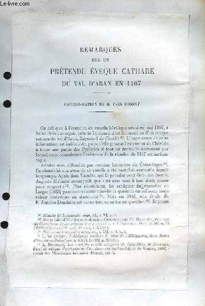Remarques sur un prtendu Evque Cathare du Val d'Aran en 1167 (Ouvrage photocopi)