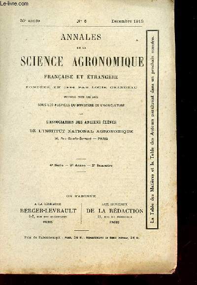 ANNALES DE LA SCIENCE AGRONOMIQUE FRANCAISE ET ETRANGERE n6/30e anne
