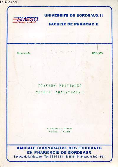 TRAVAUX PRATIQUES - CHIMIE ANALYTIQUE I - 2e ANNEE - 1992/1993