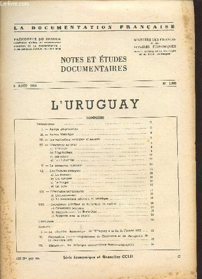NOTES ET ETUDES DOCUMENTAIRES N1.905 - 9 AOUT 1954 -L'URUGUAY
