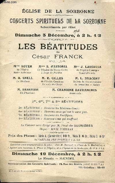 Eglise de la Sorbonne - Concerts spirituels de la sorbonne - dimanche 5 dcembre  2h1/2 - les batitudes de Csar Franck -