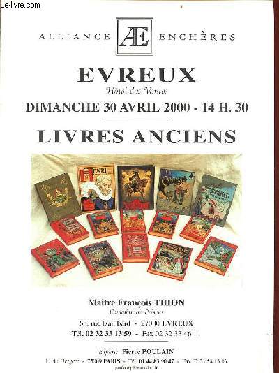 Catalogue de ventes aux enchres - Livres anciens - Evreux htel des ventes dimanche 30 avril 2000 14h30.