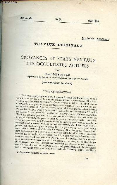 L'hygine mentale l'informateur des alinistes et des neurologistes n5 25e anne mai 1930 - Croyances et tats mentaux des occultistes actuels par Henri Desoille - informations.