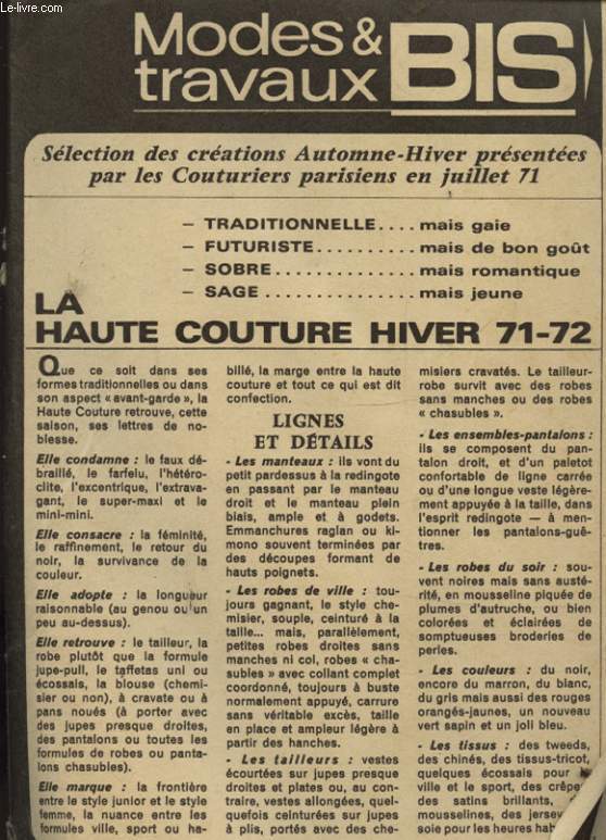 MODES ET TRAVAUX BIS : LA HAUTE COUTURE HIVER 71-72