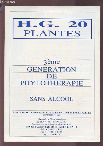 H.G. 20 PLANTES - 3 GENERATION DE PHYTOTHERAPIE SANS ALCOOL.