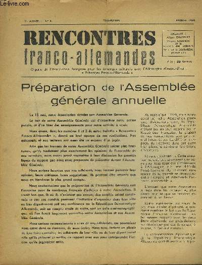 RENCONTRES FRANCO-ALLEMANDES - N3 / 1 ANNEE FEVRIER 1960 : Prparation de l'Assemble gnrale annuelle.