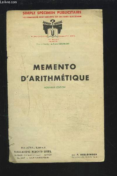 MEMENTO D'ARITHMETIQUE - SIMPLE SPECIMEN PUBLICITAIRE.