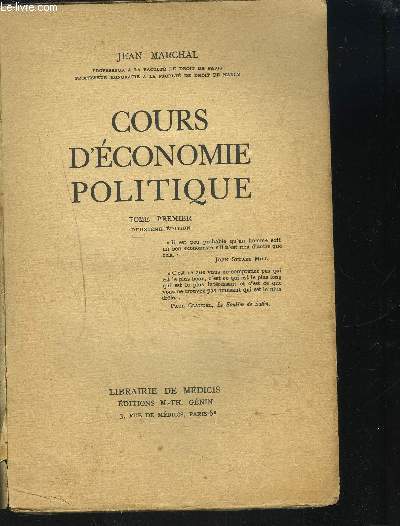 COURS D ECONOMIE POLITIQUE / TOME 1ER / 2EME EDITION