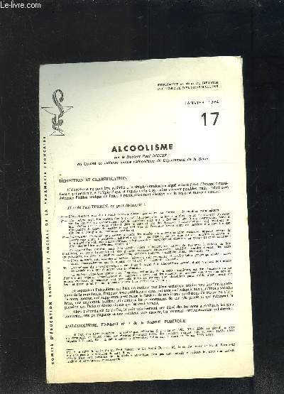 1 PLAQUETTE DE PHARMACIE: ALCOOLISME- JANVIER 1964- 17- SUPPLEMENT AU N95 DU BULLETIN DE L ORDRE DES PHARMACIENS