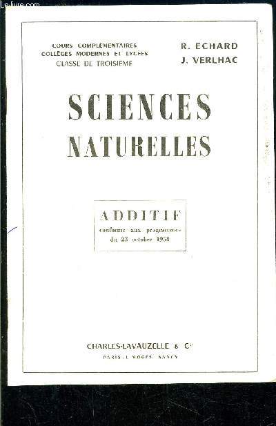 SCIENCES NATURELLES- ADDITIF conforme aux programmes du 23 octobre 1958- COURS COMPLEMENTAIRES COLLEGES- 3e