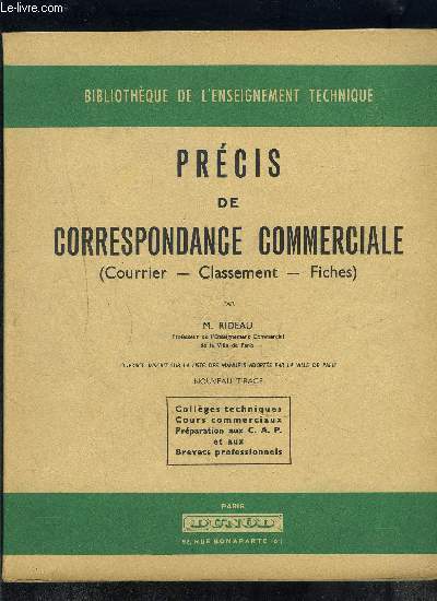 PRECIS DE CORRESPONDANCE COMMERCIALE- COURRIER- CLASSEMENT- FICHES- COLLEGES TECHNIQUES...