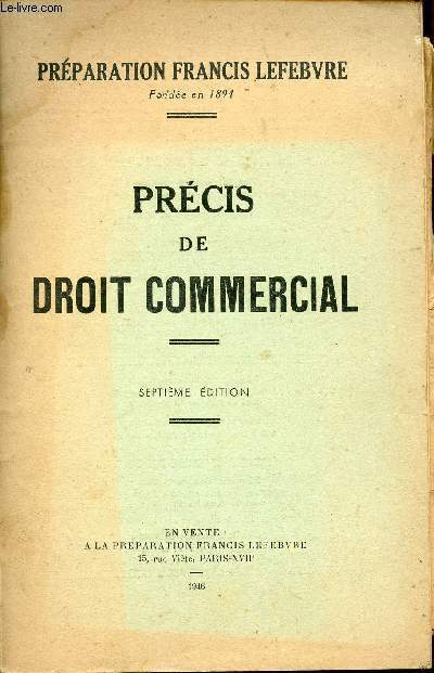 PRECIS DE DROIT COMMERCIAL - SEPTIEME EDITION