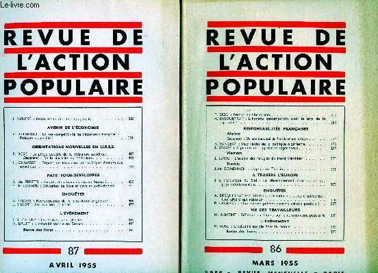 REVUE DE L'ACTION POPULAIRE - 2 VOLUMES : N86 ET 87 : MARS / AVRIL 55