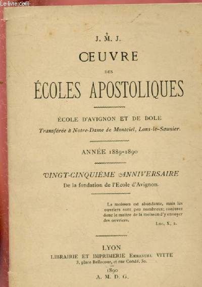 OEUVRE DES ECOLES APOSTOLIQUES - ECOLE D'AVIGNON ET DE DOLE - ANNEE 1889-1890