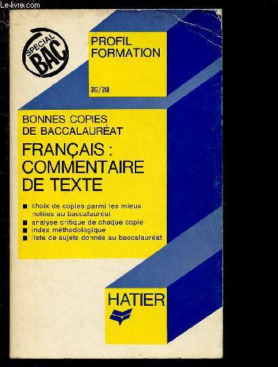 BONNES COPIES DE BACCALAUREAT ; FRANCAIS - COMMENTAIRE DE TEXTE