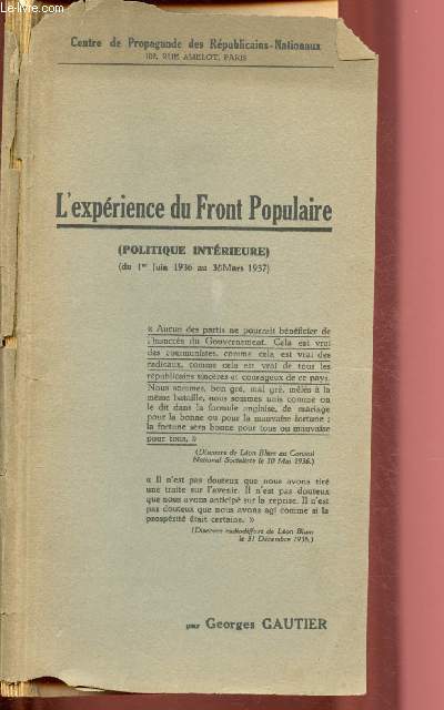 L'EXPERIENCE DU FRONT POPULAIRE (POLITIQUE INTERIEURE) - DU 1ER JUIN 1936 AU 30 MARS 1937
