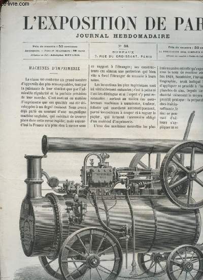 N38 - L'EXPOSITION DE PARIS - JOURNAL HBDOMADAIRE : Machines d'imprimerie - Construction mcanique II - Le pavillon de la Principaut de Monaco,etc.