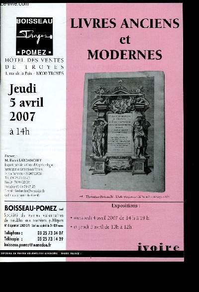 Catalogue de vente aux enchres - 5 avril 2007 - Hotel des ventes de Troyes : livres anciens et modernes