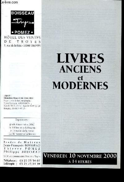 Catalogue de vente aux enchres 10 Novembre 2000- - Htel des ventes de Troyes : livres anciens et modernes