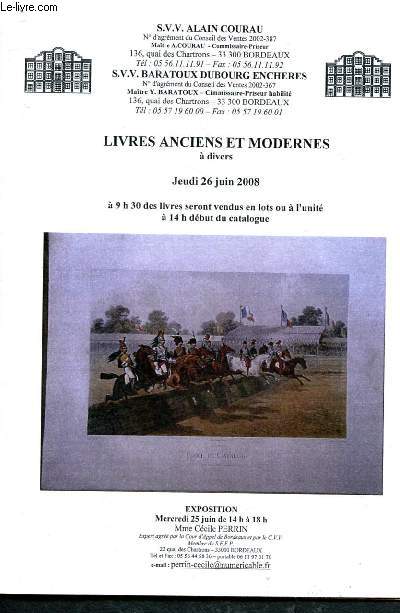 Catalogue de vente aux enchres :26 juin 2008 - Htel des ventes de Bordeaux Chartrons : livres anciens et modernes (almanach, Aubert-Vattier d'Ambroyse - Fnelon, La Fontaine...)