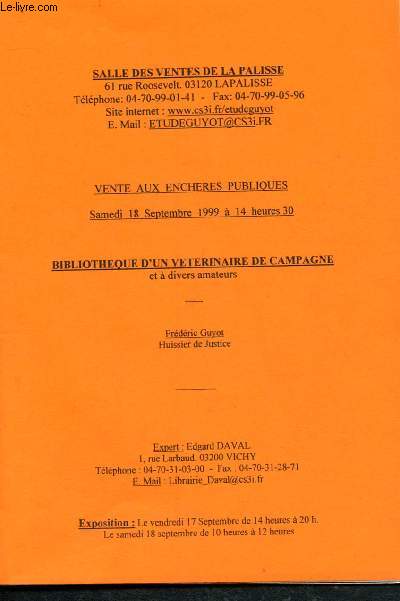 Catalogue de vente aux enchres : 18 septembre 1999 - Salle des ventes de Lapalisse : Bibliothque d'un vtrinaire de campagne et  divers