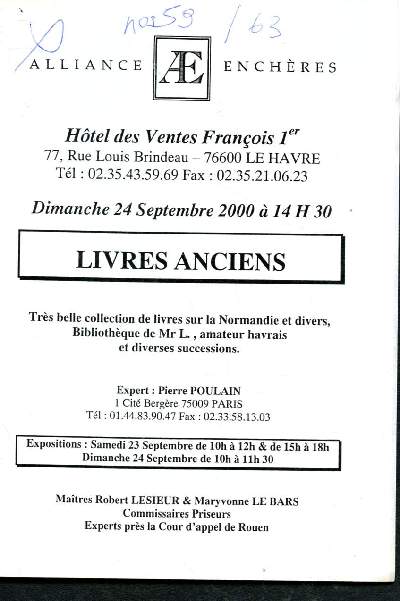 Catalogue de vente aux enchres : 24 Septembre 2000 - Hotel des Ventes Franois er : livres anciens ( livres sur la Normandie et  divers, Bibliothque de Mr L., amateur havrais et diverses successions)