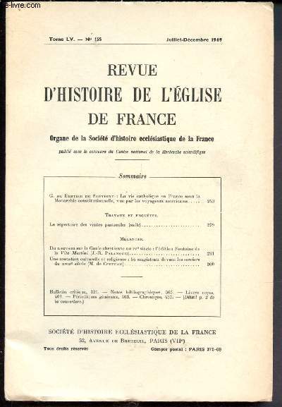 Revue d'histoire de l'Eglise de France n155 - Tome LV - Juillet-Dcembre 1969