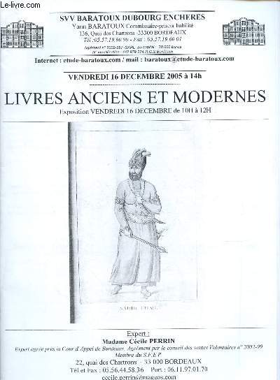 Catalogue de ventes aux enchres - 16 dcembre 2005 - Quai des Chartrons - Bordeaux : livres anciens et modernes
