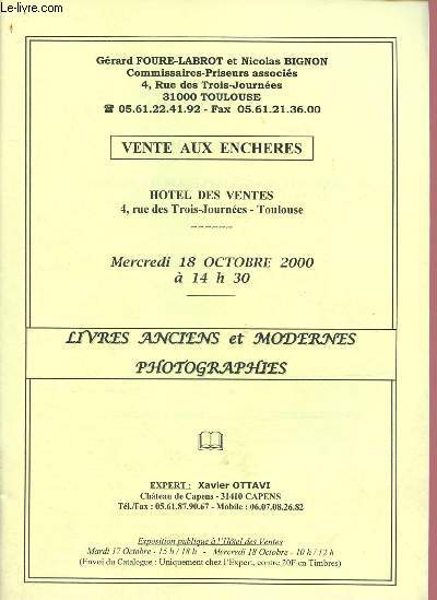 Catalogue de ventes aux enchres - 18 octobre 2000 - Htel des ventes de Toulouse : livres anciens et modernes