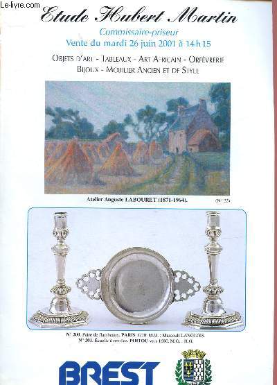 Catalogue de ventes aux enchres - 26 juin 2001 - Etude Hubert Martin - Brest : objets d'art, tableaux, art africain, orfvrerie, bijoux, mobilier ancien et de style