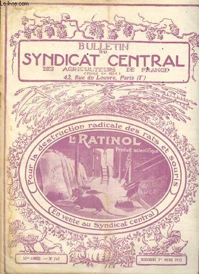 Bulletin du Syndicat Central des agriculteurs de France n767 - 35me anne - Mercredi 1er Mars1922