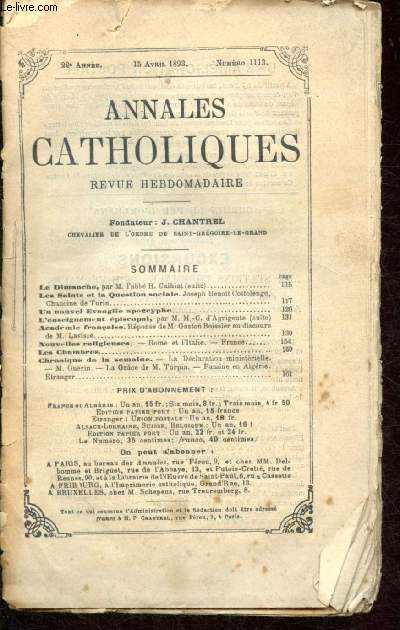 Annales catholiques - 22e anne - 15 avril 1893 - n1113 : Les Saints et la question sociale, Un nouvel Evangile apocryphe