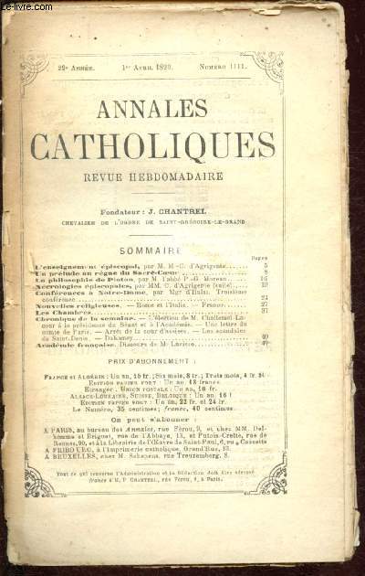 Annales catholiques - 22e anne - 1er avril 1893 - n1111 : Confrence  Notre-Dame (3me confrence : la prire), L'enseignement piscopal, Un prlude au rgne du Sacr-Coeur