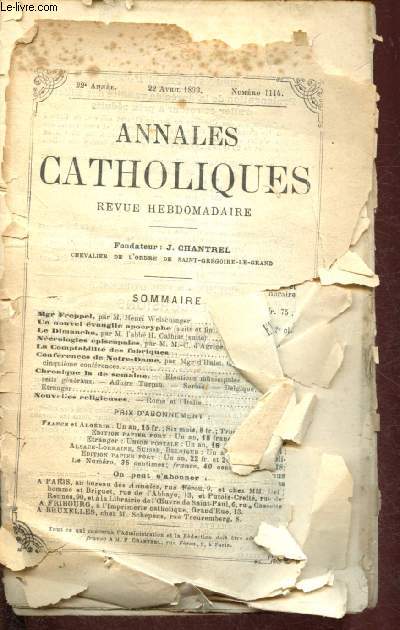 Annales catholiques - 22e anne - 22 avril 1893 - n1114 : Un nouvel vangile aprocryphe, Mgr Freppel, Ncrologies piscopales