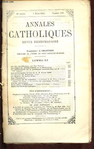 Annales catholiques - 22e anne - 4 mars 1893 - n1107 : le rgne de Jsus-Christ et le Dahomey, les principaux actes de S.S. Lon XIII, le procs du Panama (suite)