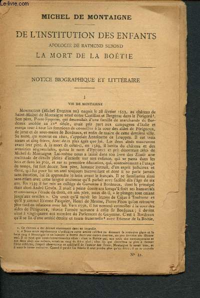 Nouvelle bibliothque populaire n42 : Michel de Montaigne : De l'institution des enfants, apologie de Raymond Sebonf : La mort de La Botie