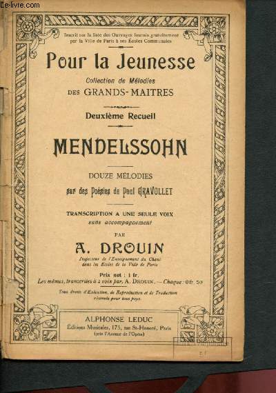 Pour la jeunesse - Collection de Mlodies des grands matres - Deuxime recueil : Mendelssohn
