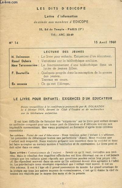 Les dits d'Edicope - Lettre d'information destine aux membres d'Edicope n14 - 15 avril 1960 :